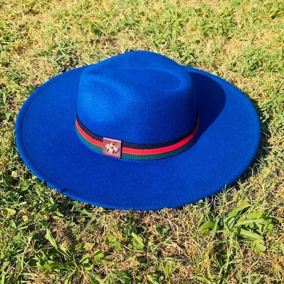 New, Unisex Stylish Blue Fedora Bee Accents Hat 65% Cotton 35% Polyester - Picture 1 of 3